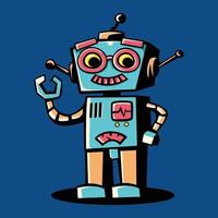 Retro robot cartoon character standing up raising hand vector