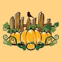 Vector illustration of a pumpkin with a bird on a fence