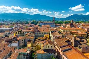 Aerial top panoramic view of historical centre medieval town Lucca