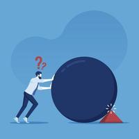 Business problem concept, businessman pushes a big ball and is blocked by a small triangle, businessmen are confused because they do not know the problem that occurs vector