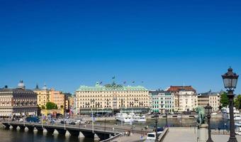 Aerial panoramic view of bridge, lion monument, Stockholm, Sweden photo