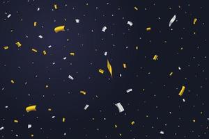 Golden and silver confetti falling isolated on dark blue background. Anniversary celebration. Shiny party tinsel and confetti falling. Festival elements. Confetti vector for carnival background.