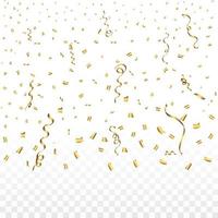 Confetti vector with golden ribbon for festival background. Confetti and ribbon falling background. Golden confetti on transparent background. Event and party Celebration. Carnival element.