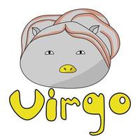 lindo signo zodiacal virgo redondo, carácter positivo con cabello exuberante y nariz amarilla e inscripción vector
