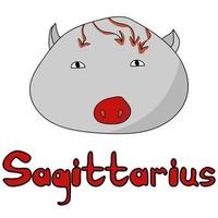 Cute round Zodiac Sign Sagittarius, a positive character with a red nose and a hairstyle in the form of arrows and an inscription vector