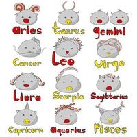 A set of kawaii style zodiac signs, funny gray rounds with a red or yellow nose and a symbolic hairstyle, yellow and red inscriptions in volumetric doodle letters vector