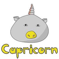 Cute round Capricorn zodiac sign, positive character with twisted horn and yellow nose and inscription vector