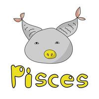 Cute round Zodiac Sign Pisces, positive character with a hairstyle in the form of two fish tails with scales and an inscription vector