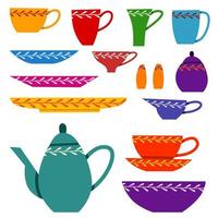 A bright set of ceramic tableware with a pattern. A collection for tea drinking and delicious dishes. vector