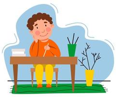 A little boy is doing his homework. The child writes at the table. vector