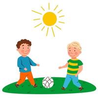 Children play football. The boys kick the ball. vector