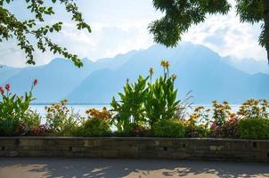 vista de las montañas alpes y el lago leman en montreux, suiza foto