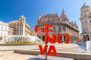 Genoa, Italy, September 11, 2018 Red letters Genova More than this catchphrase on Piazza De Ferrari square photo
