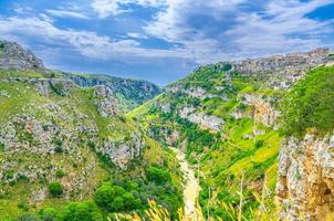 Aerial view of ravine canyon with rocks and caves di Murgia Timone near old ancient town Sassi di Matera photo