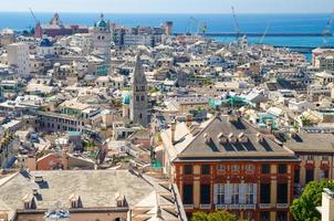 Top aerial scenic panoramic view from above of old historical centre quarter districts of european city Genoa photo