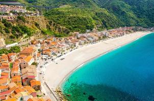 Aerial top view of sandy beach Tyrrhenian sea, Scilla, Southern Italy photo