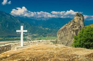 Big white cross of Holy Trinity Meteora Monastery, Kalabaka, Greece photo