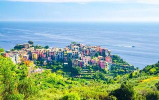 Corniglia traditional typical Italian village with colorful multicolored buildings houses on rock cliff photo