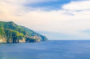 Aerial top panoramic view of Manarola village on cliff and Gulf of Genoa, Ligurian Sea, coastline of Riviera di Levante photo