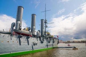 Aurora protected cruiser is museum ship moored anchored on the Neva river