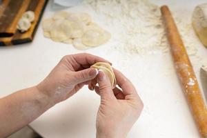 homemade dumplings in the kitchen without decorations. making dumplings with minced pork, beef and chicken photo