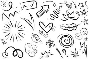 Abstract arrows, ribbons, crowns, hearts, explosions and other elements in hand drawn style for concept design. Doodle illustration. Vector template for decoration