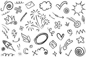 Abstract arrows, ribbons, crowns, hearts, explosions and other elements in hand drawn style for concept design. Doodle illustration. Vector template for decoration