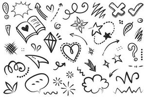 Abstract arrows, ribbons, crowns, hearts, explosions and other elements in hand drawn style for concept design. Doodle illustration. Vector template for decoration