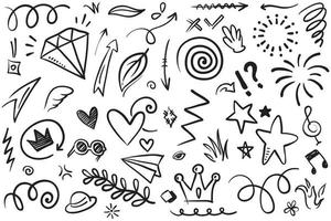 Abstract arrows, ribbons, crowns, hearts, explosions and other elements in hand drawn style for concept design. Doodle illustration. Vector template for decoration