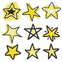 Set of black hand drawn doodle stars in isolated on white background. vector