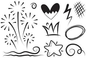 Abstract arrows, ribbons, crowns, hearts, explosions and other elements in hand drawn style for concept design. Doodle illustration. Vector template for decoration