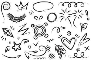 Abstract arrows, ribbons, crowns, hearts, explosions and other elements in hand drawn style for concept design. Doodle illustration. Vector template for decoration