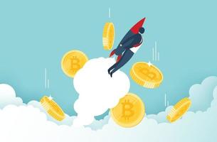 Bitcoin  skyrocketing and he growth rate of bitcoin with jetpack flying upwards with bitcoins in the sky. Crypto currency price and value increase concept. vector design