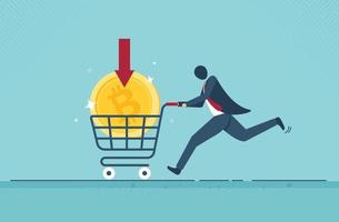 Businessman buying Bitcoin on sale when price crash to make profit concept, smart man buying purchasing crypto currency Bitcoin in shopping cart trolley to speculate earning in the future. vector