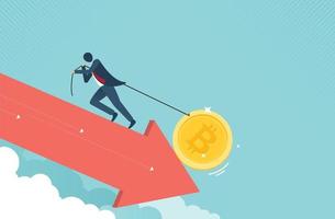 Bitcoin business - Businessman pull the rope of bitcoin on sale when cryptocurrency price crash to make profit concept, smart man buying or purchasing to speculate earning in the future. vector design