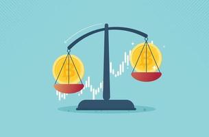 Weight scale with bitcoin business in front of rising chart. Accumulation and buying crypto currency concept. International stock exchange. Bitcoin uptrend. vector design