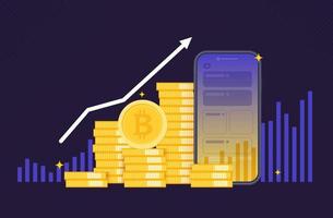 criptomoneda bitcoin con un montón de monedas del teléfono inteligente frente al gráfico ascendente. crecimiento de las acciones de bitcoin. El gráfico muestra un fuerte aumento en el precio de bitcoin. diseño vectorial vector