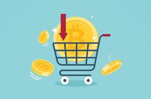 Buying Bitcoin on sale when price crash to make profit concept, smart man buying purchasing crypto currency Bitcoin in shopping cart trolley to speculate earning in the future. vector design