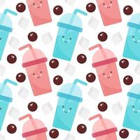 seamless pattern boba drink with cheerful face vector