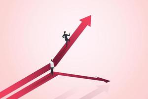 Businessman standing straight arrow graph path down  businesswoman running on up arrow graph. vector