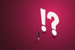 Businesswoman standing in front of question mark and exclamation mark. vector