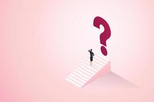 Woman thinking while standing in front of a question mark. vector