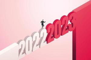 Businessmen run cross bridge forward from 2022 to 2023. vector