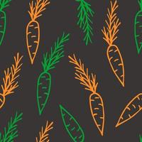 Simple vector seamless pattern. Hand-drawn green, orange outline of carrots on a dark background. Vegetables, vegetarianism, nature, gardening. For prints of fabric, packaging, kitchen textiles.