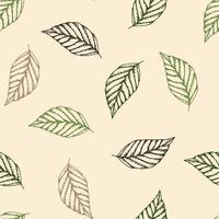 Hand drawn simple gentle vector seamless pattern in pastel colors. Green, brown leaf contour on a light beige-pink background. For prints of fabric, textiles, wallpaper, bedding.