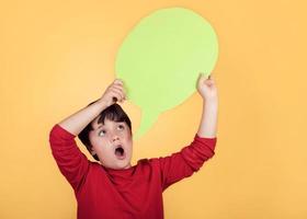 child with speech bubble on yellow background photo