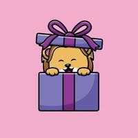 Cute Lion On Gift Box Cartoon Vector Icon Illustration. Animal Birthday Icon Concept Isolated Premium Vector. Flat Cartoon Style