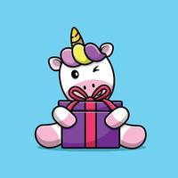 lindo unicornio con caja de regalo ilustración de icono de vector de dibujos animados. concepto de icono de cumpleaños animal vector premium aislado. estilo de dibujos animados plana