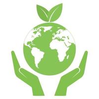 ilustración del logotipo de ecología. manos humanas sostienen el globo terráqueo vector