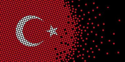 arte de píxeles con bandera de Turquía. los puntos de píxeles crecen concentrándose dentro de la bandera. los puntos dentro de la bandera de pavo son pixel art que representan la unidad y la independencia. bandera sobre fondo negro. vector